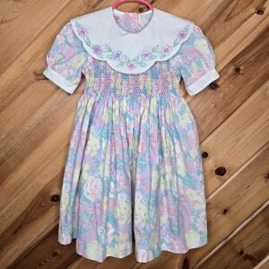 Vtg St.Michael Girls Smocked Easter Pastel Dress 3 Years Embroidered